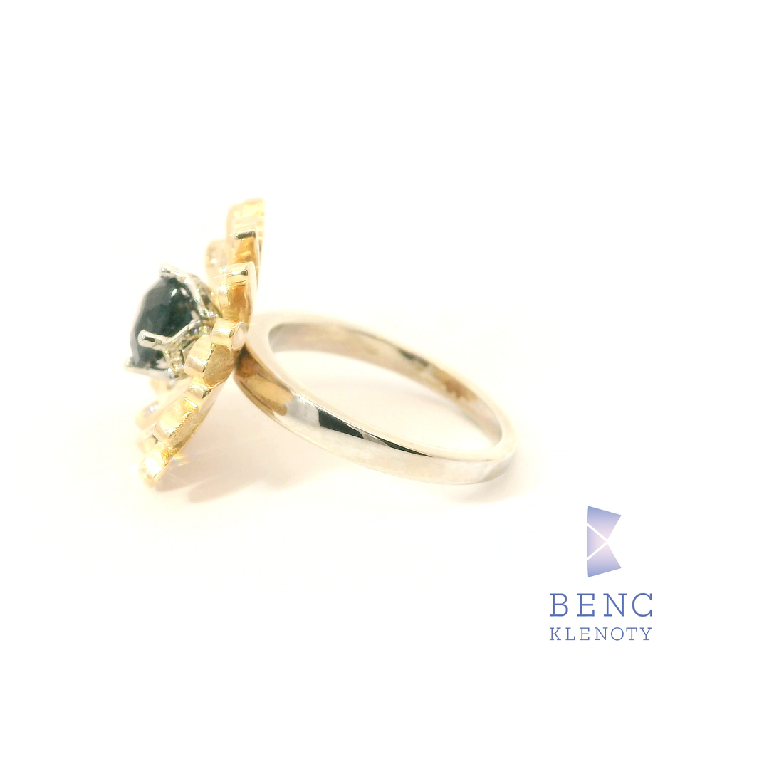 Luxusní Zlatý Prsten s Kobaltovým Spinelem (Seven Steps Výbrus) a Diamanty 14K | Benc Klenoty