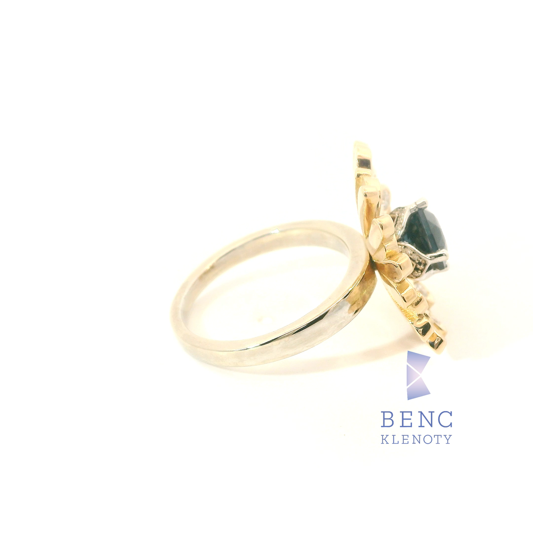 Luxusní Zlatý Prsten s Kobaltovým Spinelem (Seven Steps Výbrus) a Diamanty 14K | Benc Klenoty