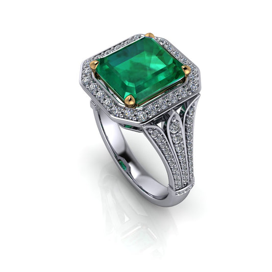 Zlatý luxusní prsten Emerald halo