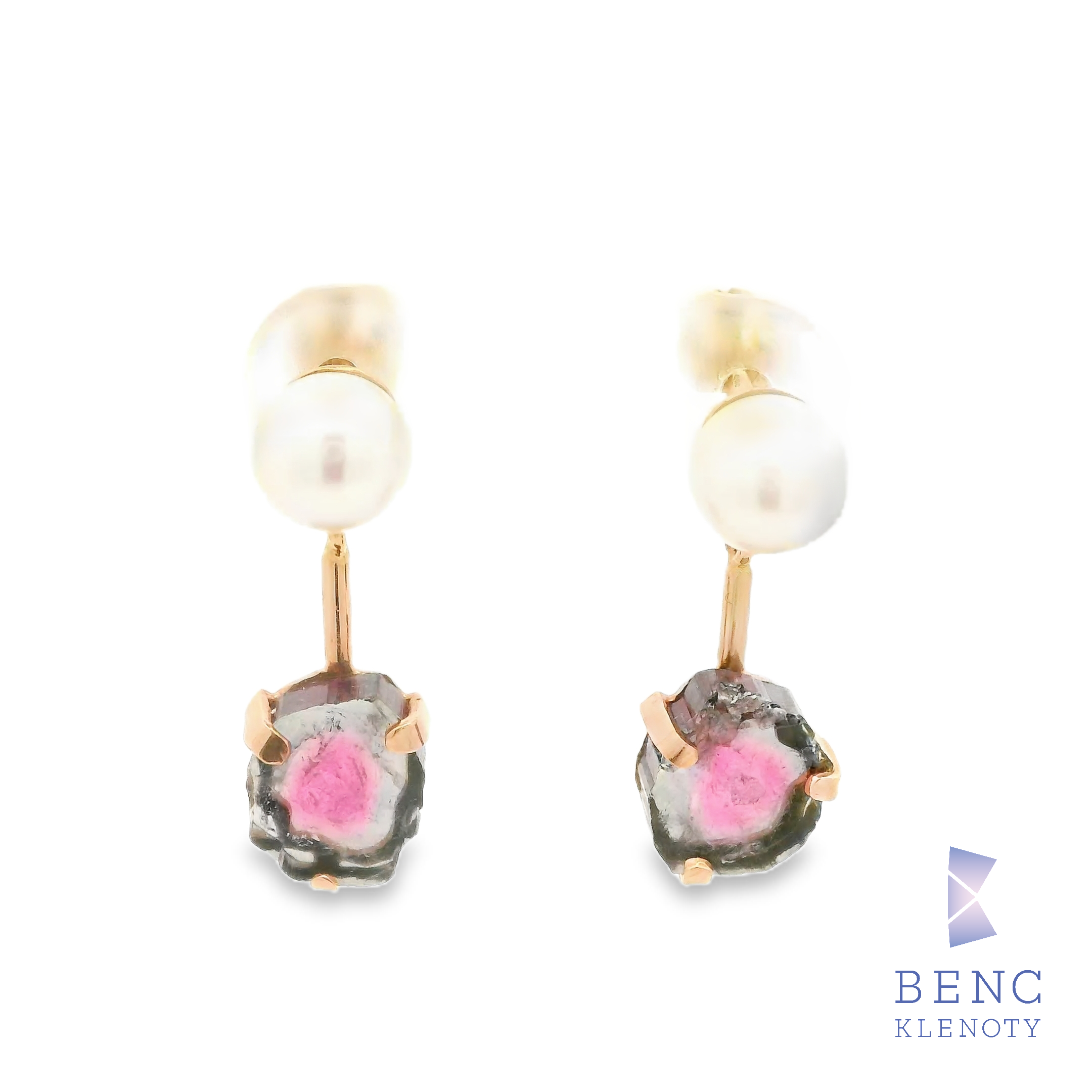 Elegantní náušnice z růžového zlata s melounovými turmalíny a perlou