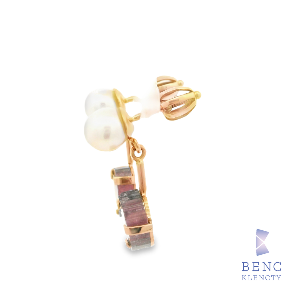 Nausnice z ruzoveho zlata s perlou a turmaliny – jemny sperk

