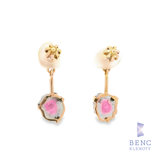 Nausnice z ruzoveho zlata s perlou a turmaliny – jemny sperk

