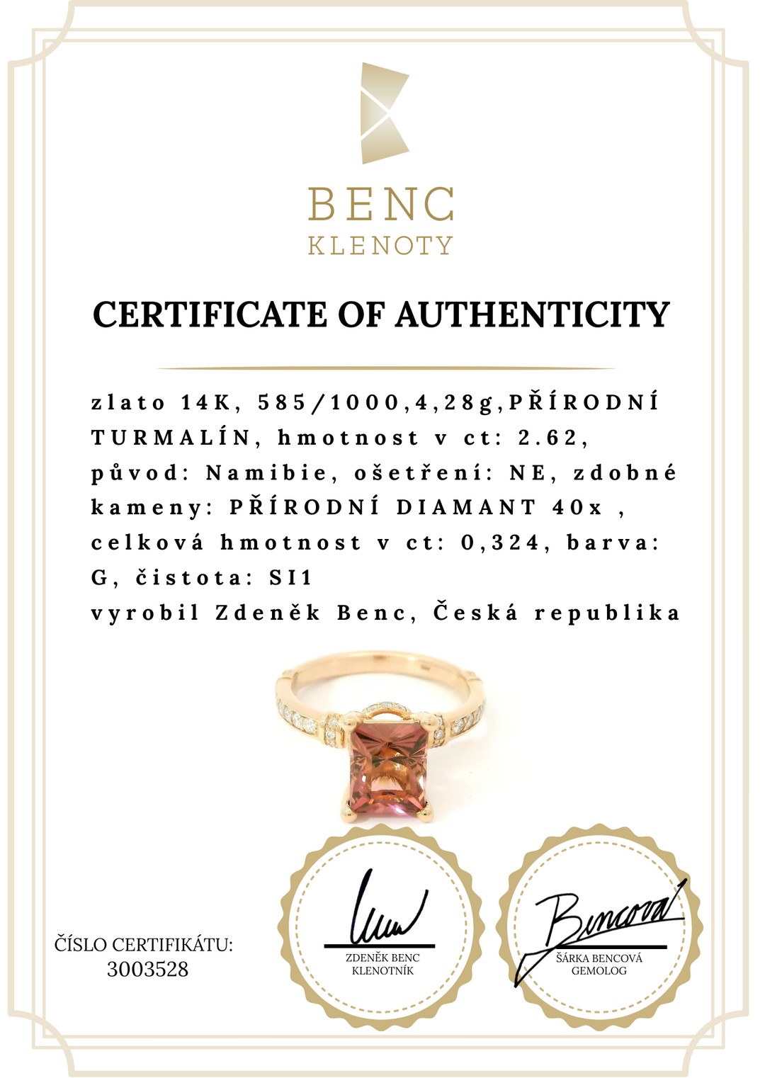 Elegantní prsten z růžového zlata s turmalínem a diamanty