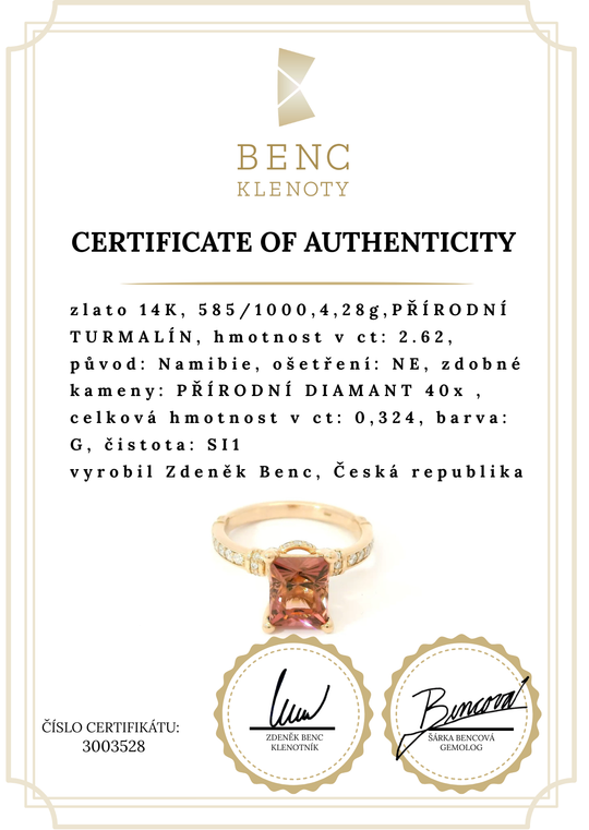 Elegantní prsten z růžového zlata s turmalínem a diamanty