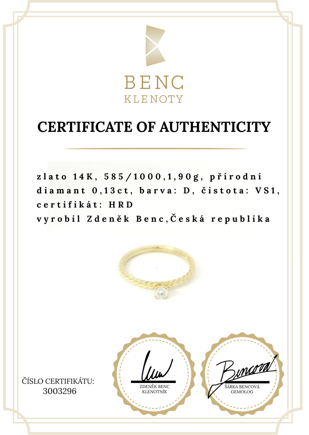 Elegantní zlatý kroucený prsten s diamantem