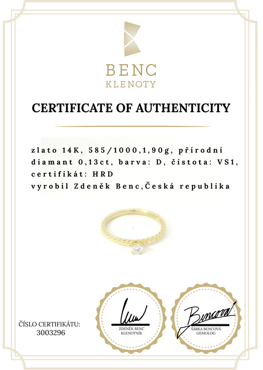 Elegantní zlatý kroucený prsten s diamantem