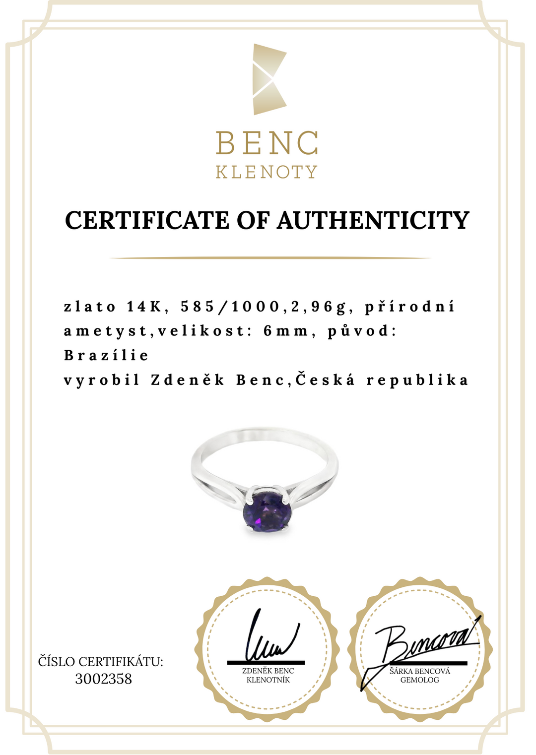 Elegantní zlatý prsten s fialovým ametystem