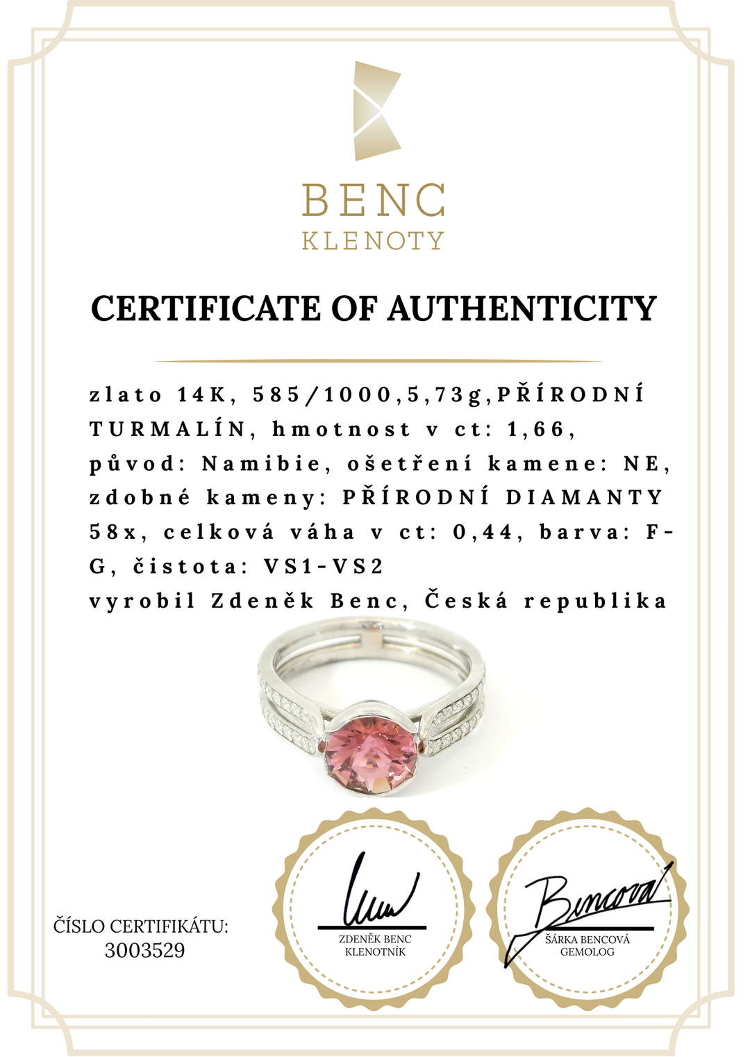 Elegantní prsten s růžovým turmalínem a diamanty