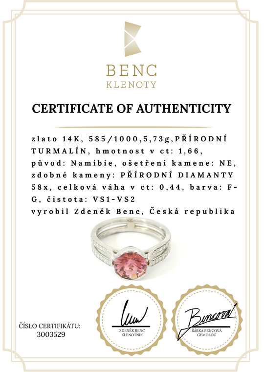 Elegantní prsten s růžovým turmalínem a diamanty