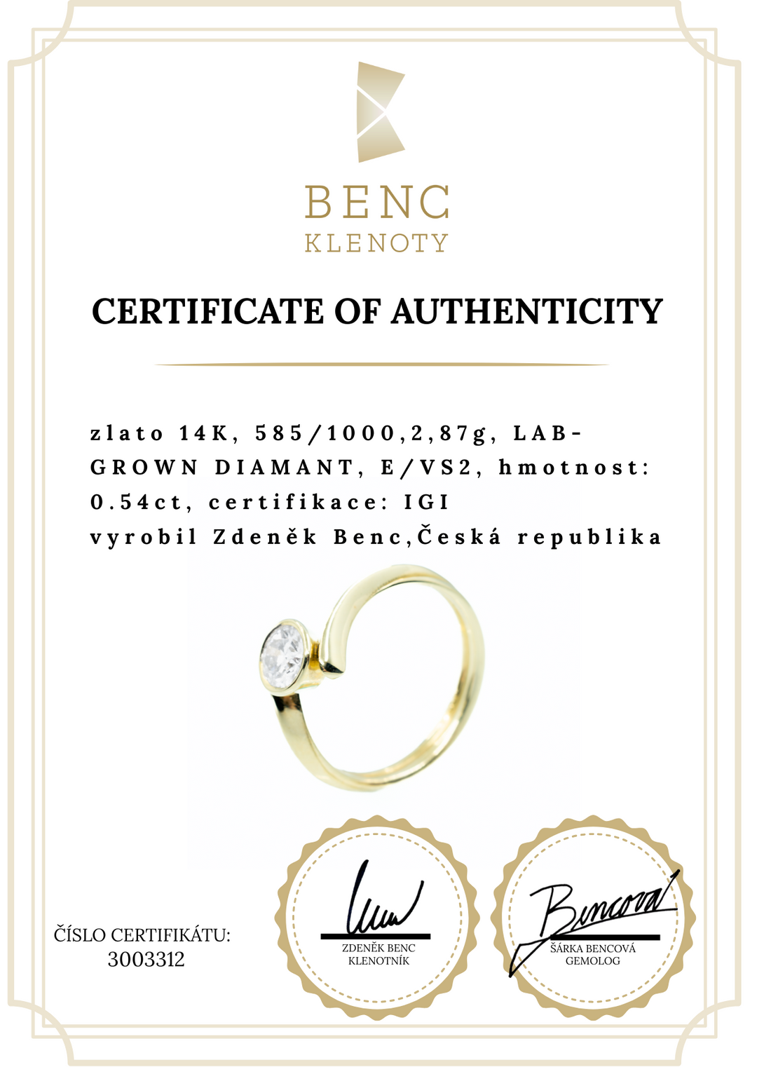 Elegantní zlatý prsten s laboratorně vypěstovaným diamantem