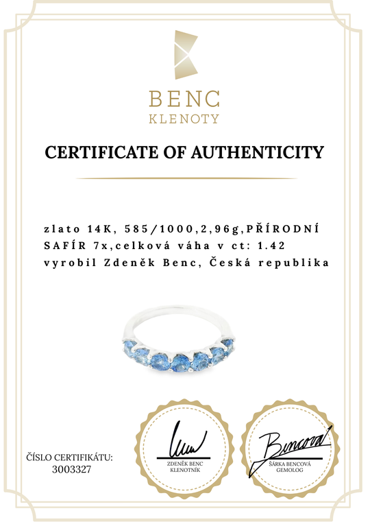 Elegantní prsten z bílého zlata s modrými safíry