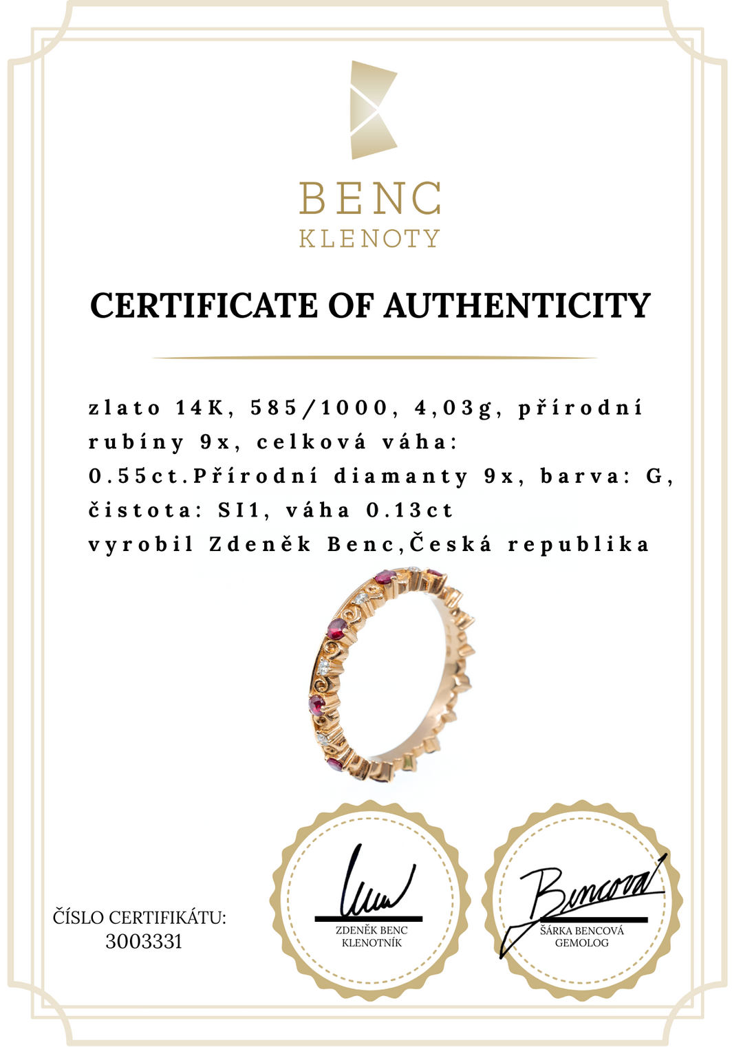 Elegantní zlatý prsten s rubíny a diamanty