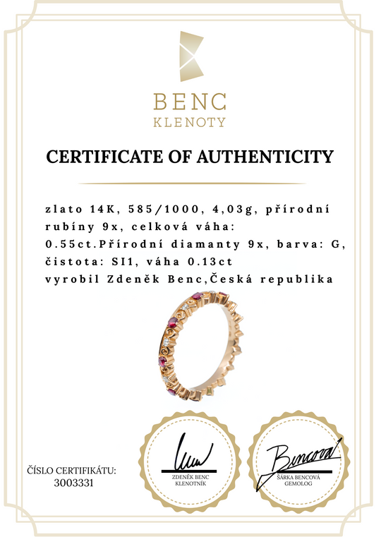 Elegantní zlatý prsten s rubíny a diamanty