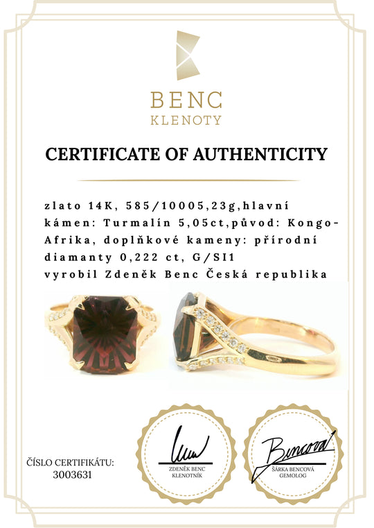 Zlatý Prsten s Tmavě Růžovým Turmalínem (Spellbound Rectangle) a Diamanty 14K | Benc Klenoty