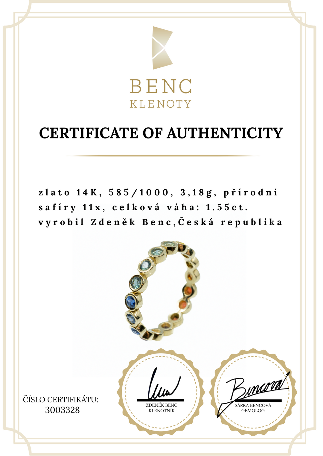 Zlatý prsten věčnosti s barevnými safíry 