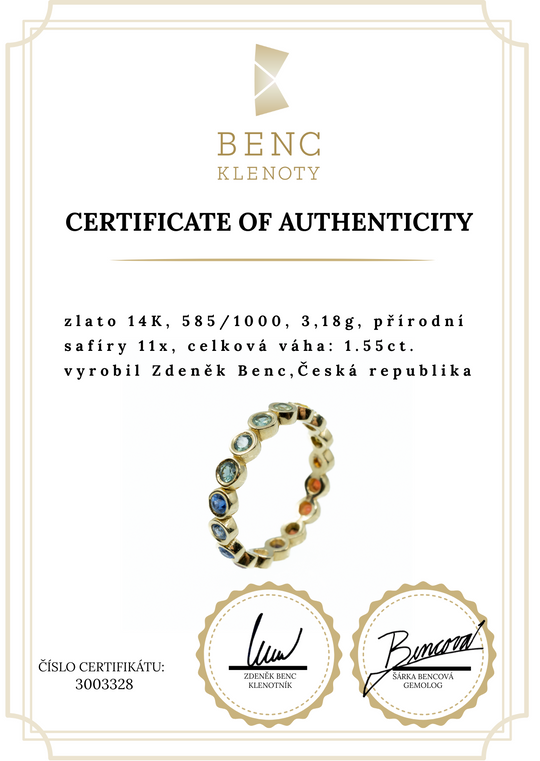 Zlatý prsten věčnosti s barevnými safíry 