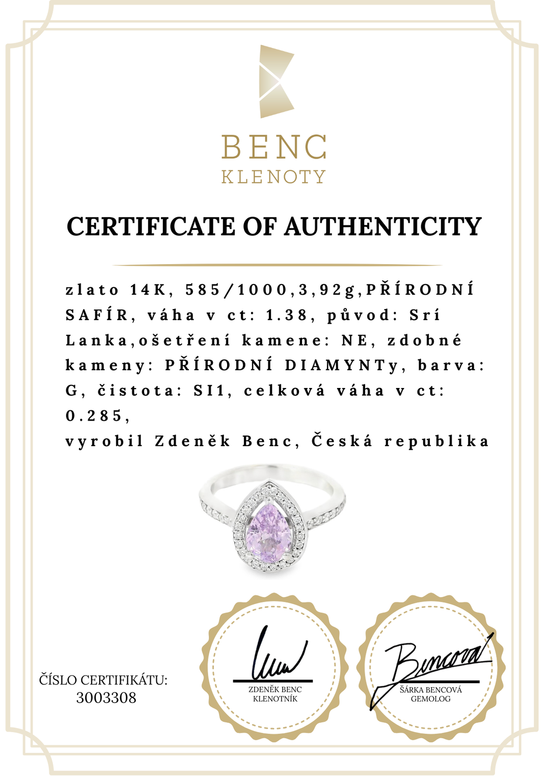 Elegantní prsten s kapkovitým fialovým safírem a diamantovou svatozář