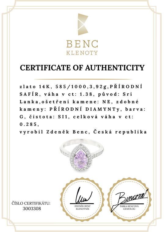 Elegantní prsten s kapkovitým fialovým safírem a diamantovou svatozář