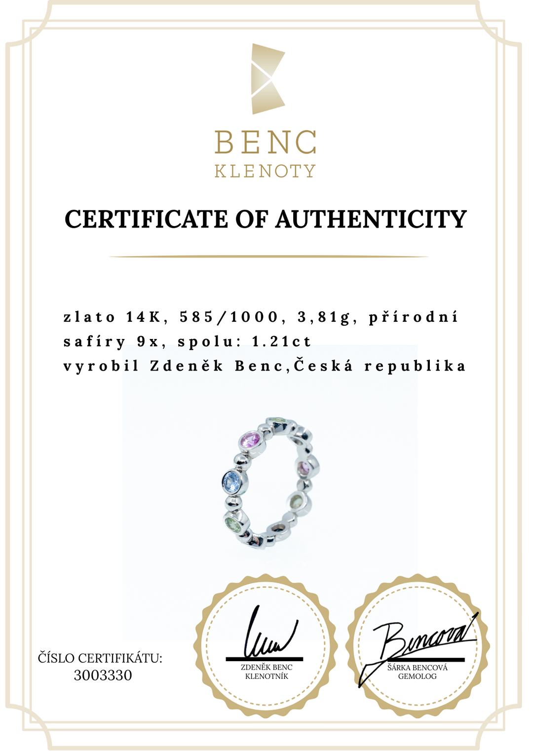 Zlatý prsten věčnosti s barevnými safíry 