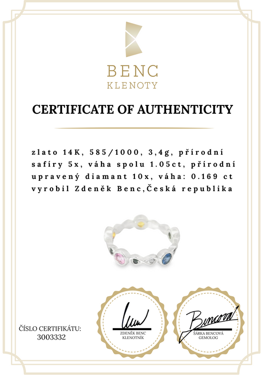 Prsten věčnosti ze zlata s barevnými safíry a černými diamanty 