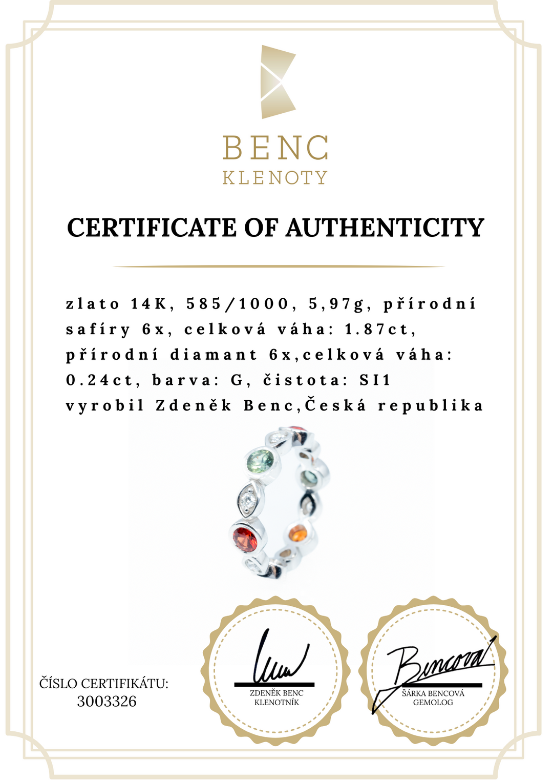 Elegantní prsten z bílého zlata s modrými safíry a diamanty – věčnost v kruhu 