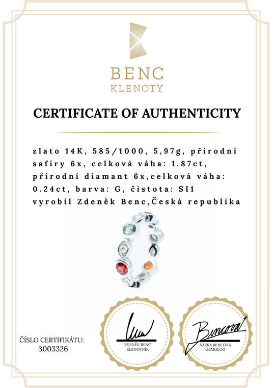 Elegantní prsten z bílého zlata s modrými safíry a diamanty – věčnost v kruhu 