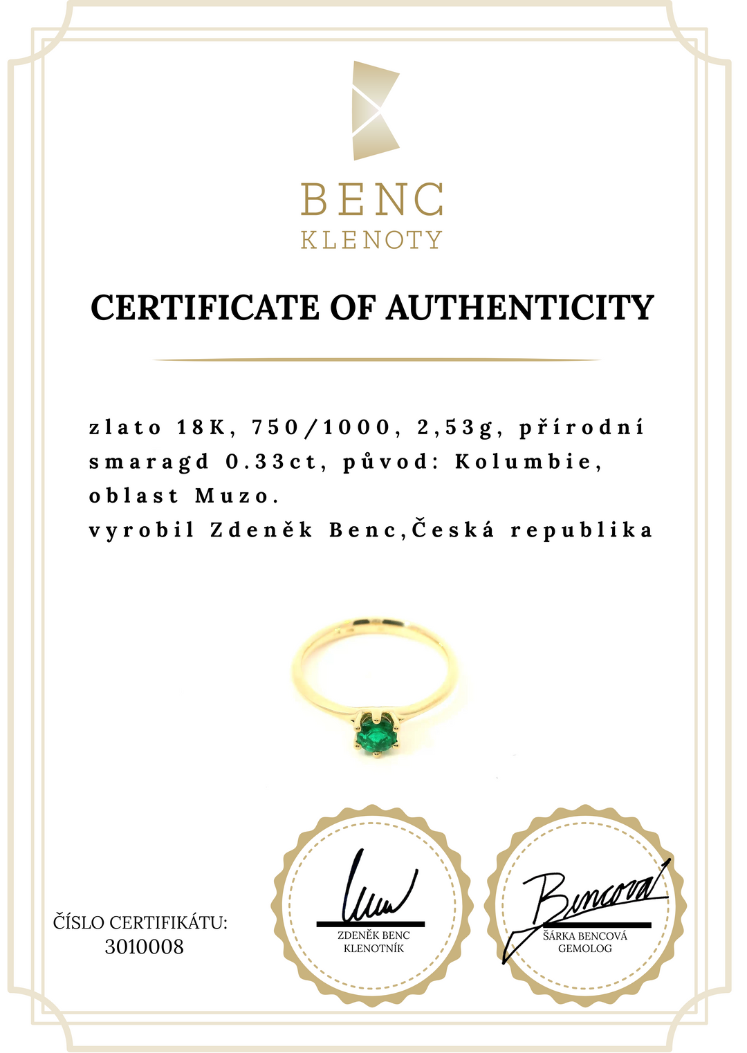 Zlatý zásnubní prsten s Muzo smaragdem - Ruční výroba