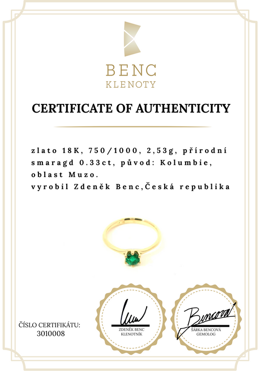 Zlatý zásnubní prsten s Muzo smaragdem - Ruční výroba