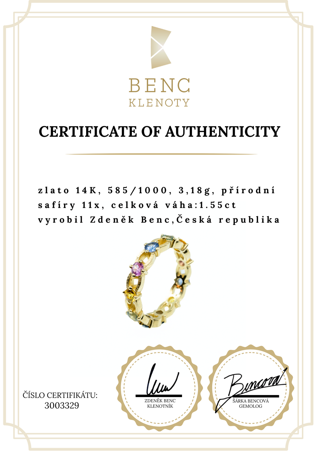 Zlatý prsten věčnosti s barevnými safíry 