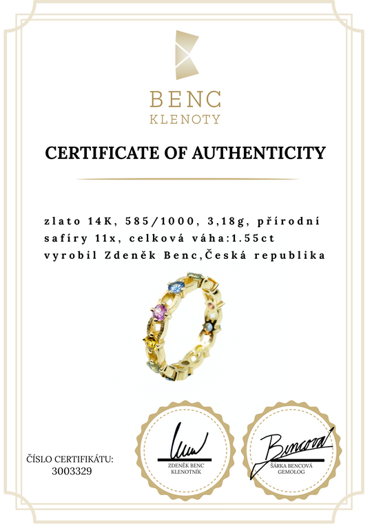 Zlatý prsten věčnosti s barevnými safíry 