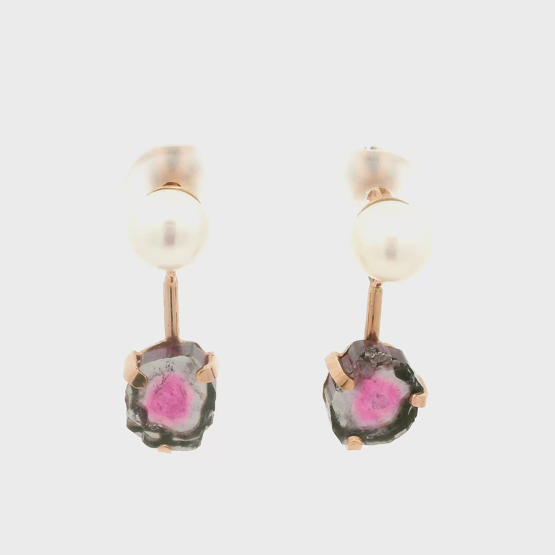 Nausnice z ruzoveho zlata s perlou a turmaliny – jemny sperk

