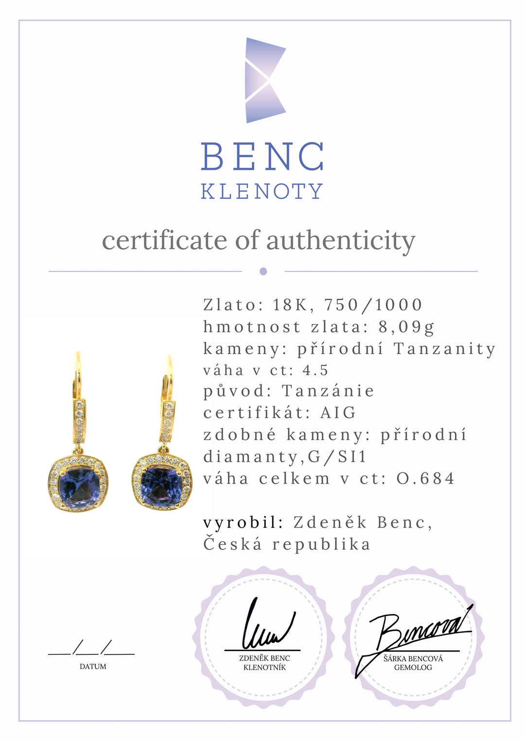 Zlaté náušnice s tanzanity a diamanty - Ruční výroba